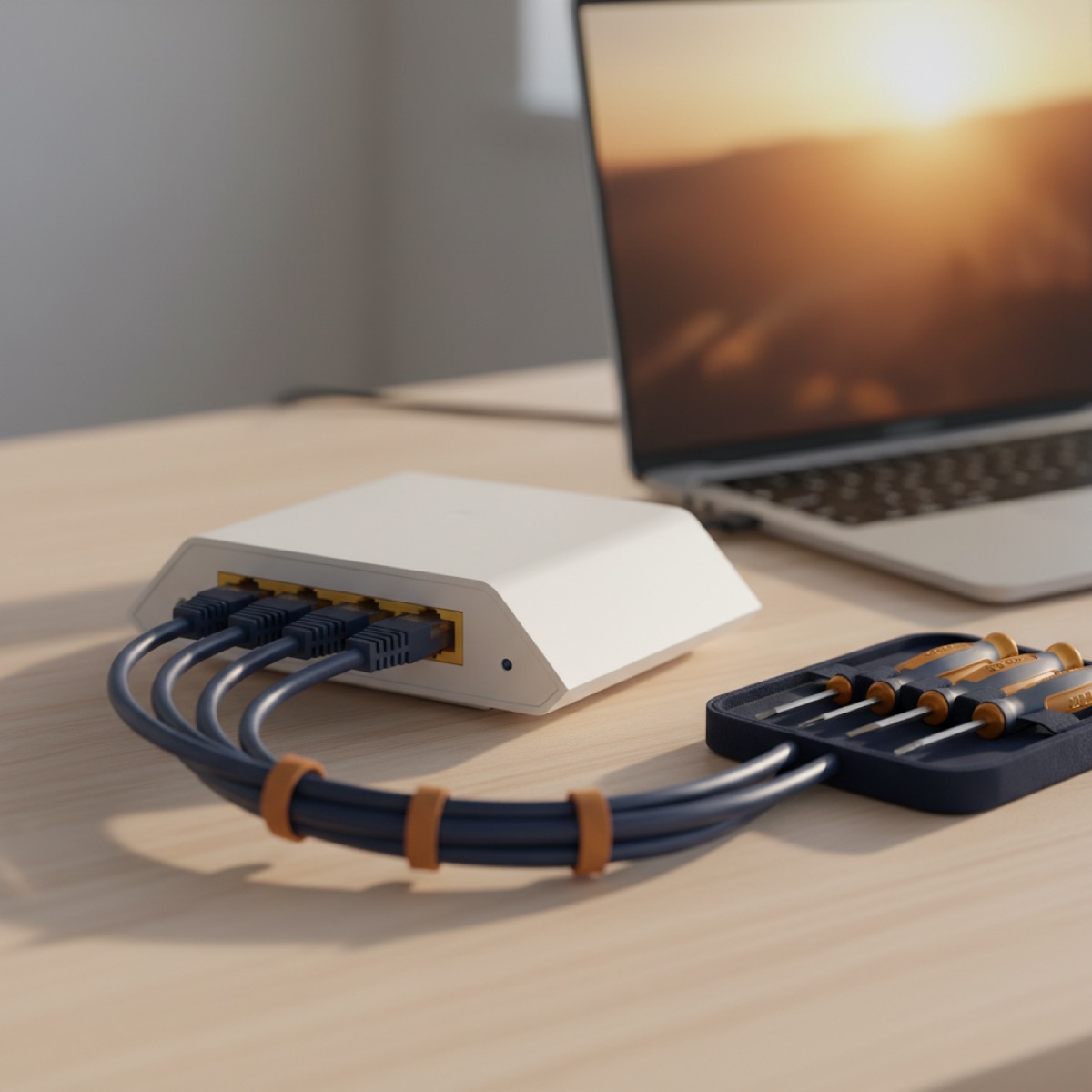 Wifi-router met netjes geordende netwerkkabels en klein gereedschap op een bureau