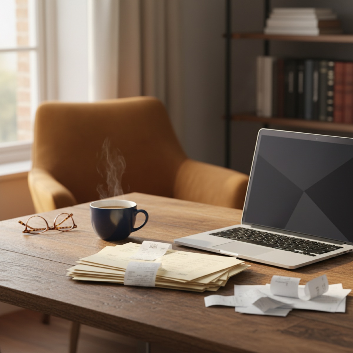 Bureau met facturen, bonnetjes en een laptop in warm ochtendlicht