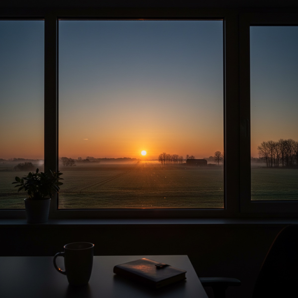 Zonsopgang over de Limburgse velden, gezien vanuit een rustige thuiswerkplek