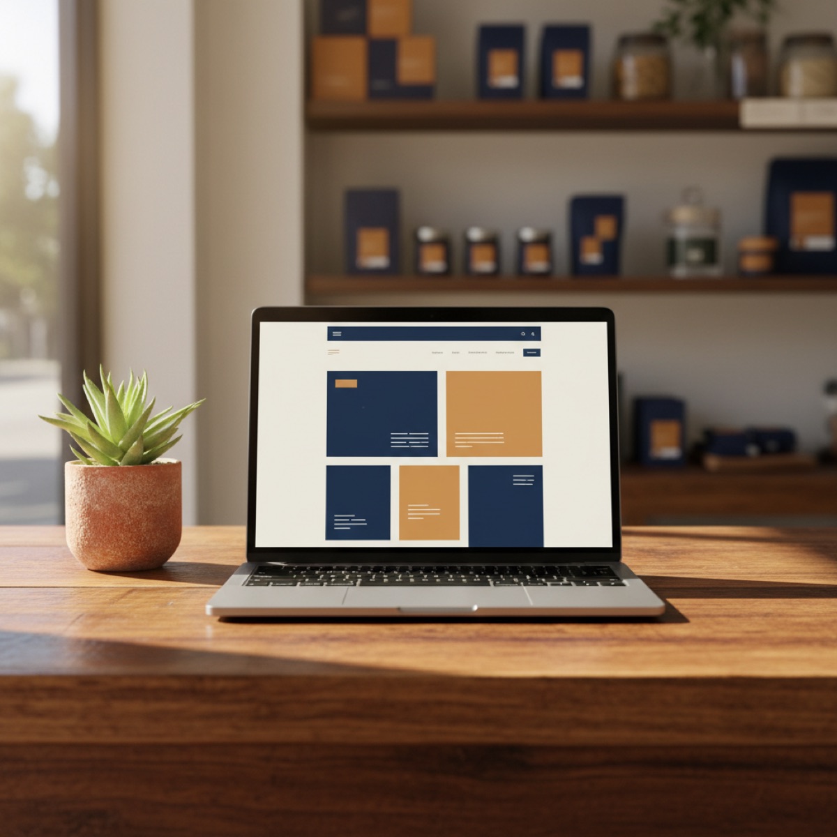 Laptop met een eenvoudige, overzichtelijke website op een houten toonbank
